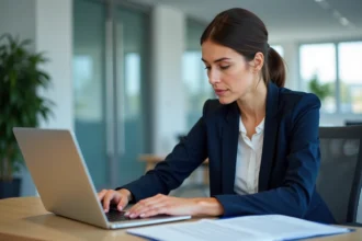 Femme professionnelle consultant un extrait Kbis sur un ordinateur portable dans un bureau moderne