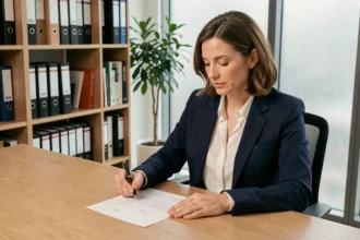 Femme professionnelle signant une lettre formelle à son bureau dans un cadre de travail contemporain