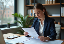 Femme professionnelle en revue de lettres au bureau