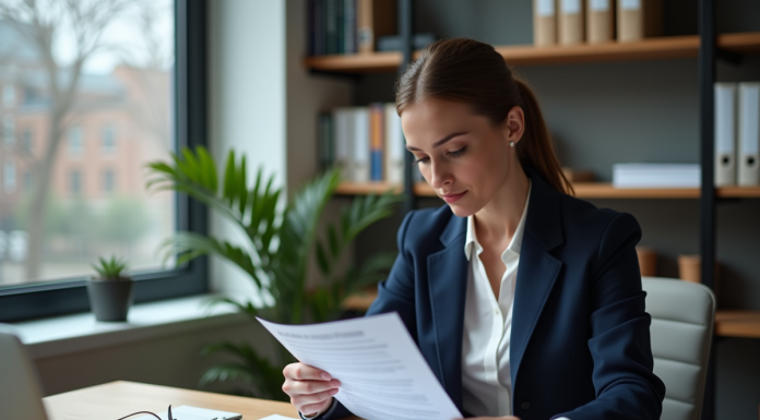 Femme professionnelle en revue de lettres au bureau