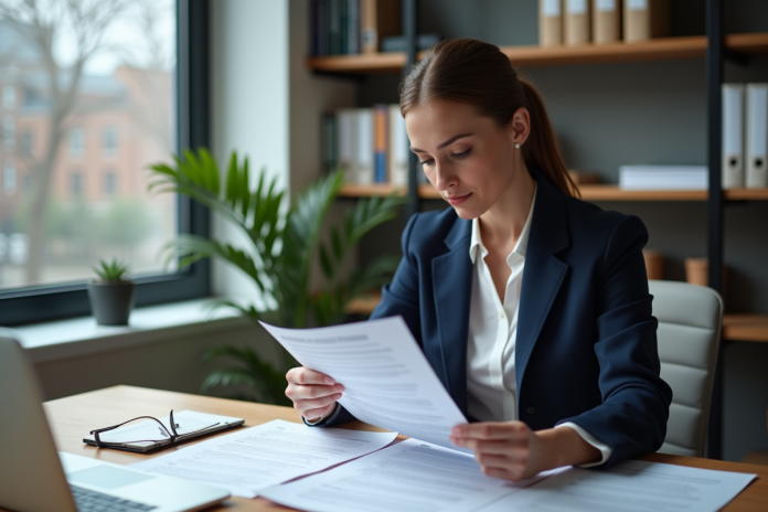 Femme professionnelle en revue de lettres au bureau