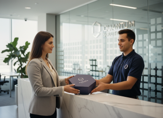 Jeune femme souriante recevant un colis dans un bureau moderne
