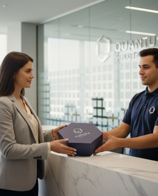Jeune femme souriante recevant un colis dans un bureau moderne