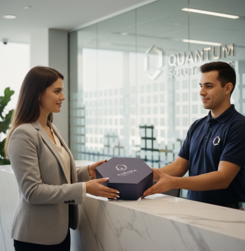 Valoriser sa marque dès le premier contact avec un packaging sur mesure Jeune femme souriante recevant un colis dans un bureau moderne