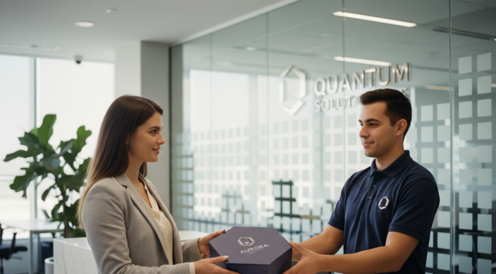 Jeune femme souriante recevant un colis dans un bureau moderne