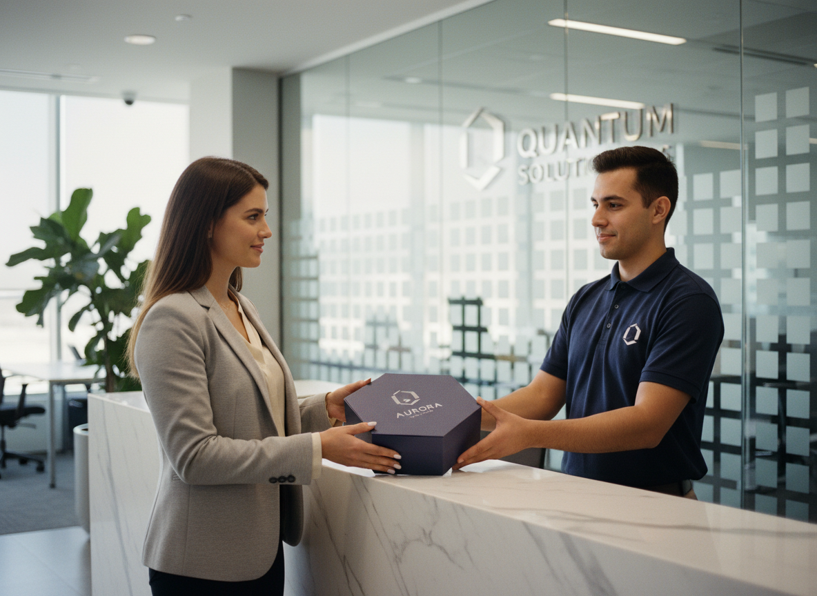 Jeune femme souriante recevant un colis dans un bureau moderne