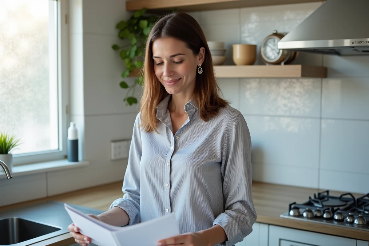 Femme consultant un CV et une offre d'emploi dans sa cuisine, reconversion professionnelle vers le télétravail sans diplôme universitaire