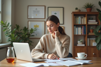 Femme réfléchie dans un bureau moderne et cosy