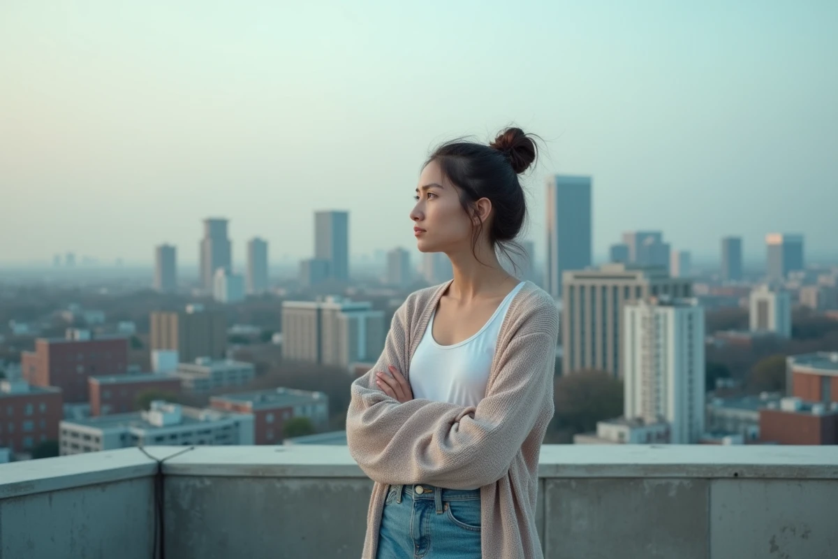 Jeune femme contemplant la ville depuis un toit