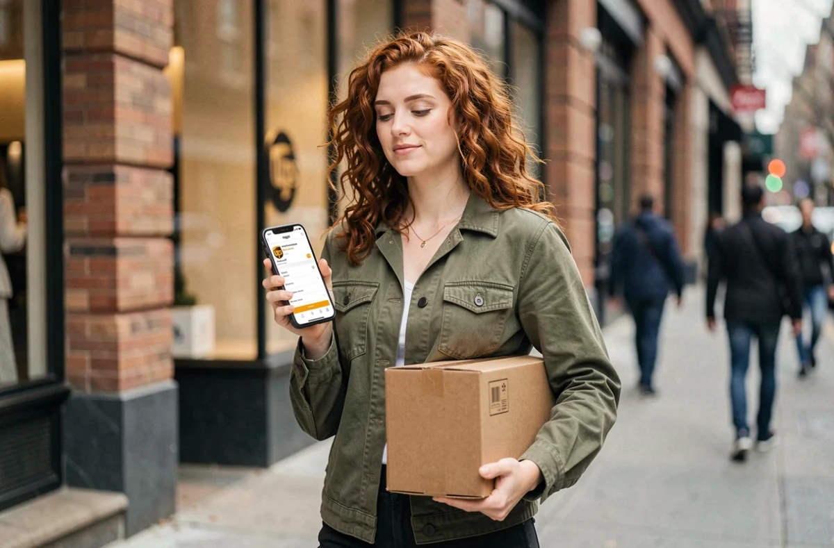 Jeune femme dans la rue cherchant le numéro de téléphone UPS sur son smartphone avec un colis sous le bras