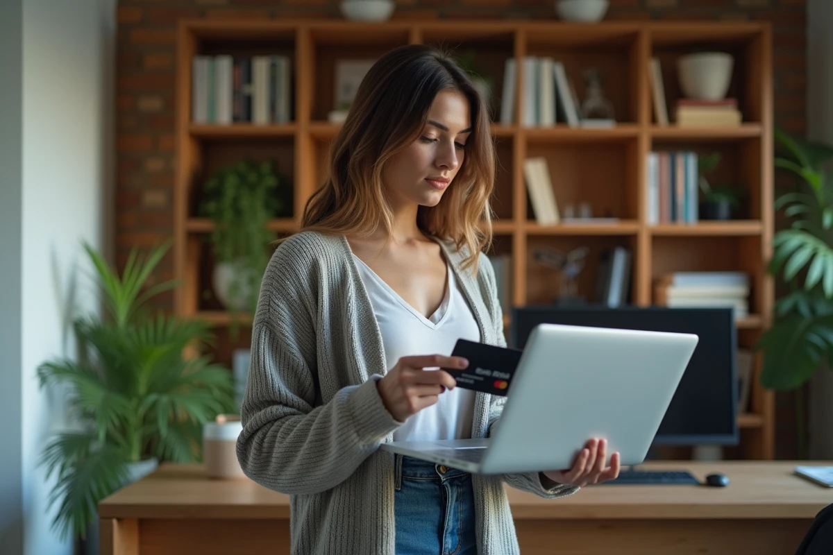 Jeune femme vérifiant un tableau de sécurité numérique à la maison