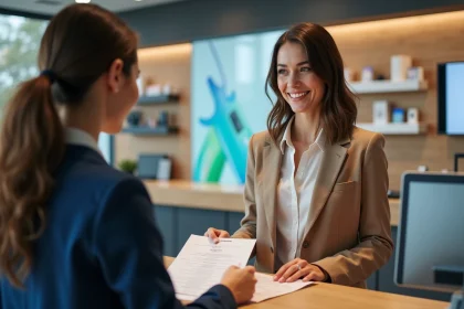 Femme remettant ses documents au comptoir de service