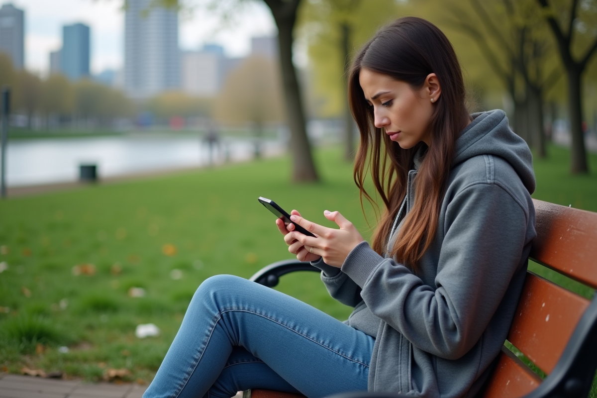 Jeune femme sur un banc de parc regardant son smartphone