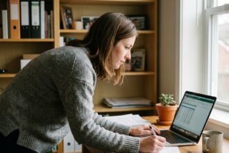 Femme travaillant à domicile sur un ordinateur portable avec des notes manuscrites dans un bureau chaleureux en 2026