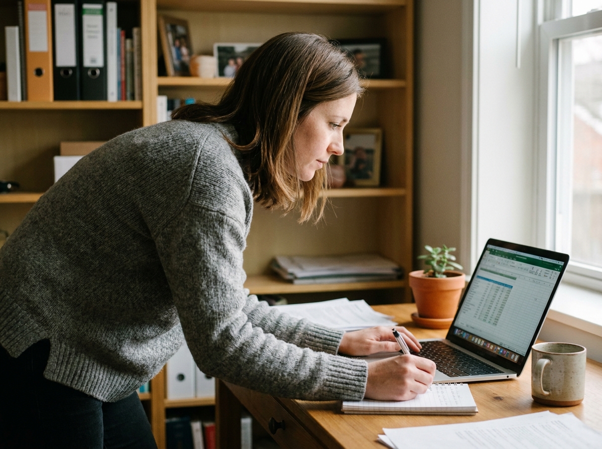 Femme travaillant à domicile sur un ordinateur portable avec des notes manuscrites dans un bureau chaleureux en 2026
