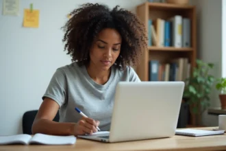 Femme en télétravail depuis chez elle, prenant des notes sur son cahier devant un ordinateur portable, transition vers un emploi stable sans diplôme