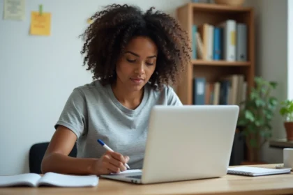 Femme en télétravail depuis chez elle, prenant des notes sur son cahier devant un ordinateur portable, transition vers un emploi stable sans diplôme