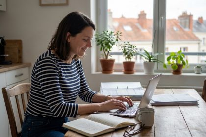 Femme assise à une table de cuisine à Nantes en travaillant