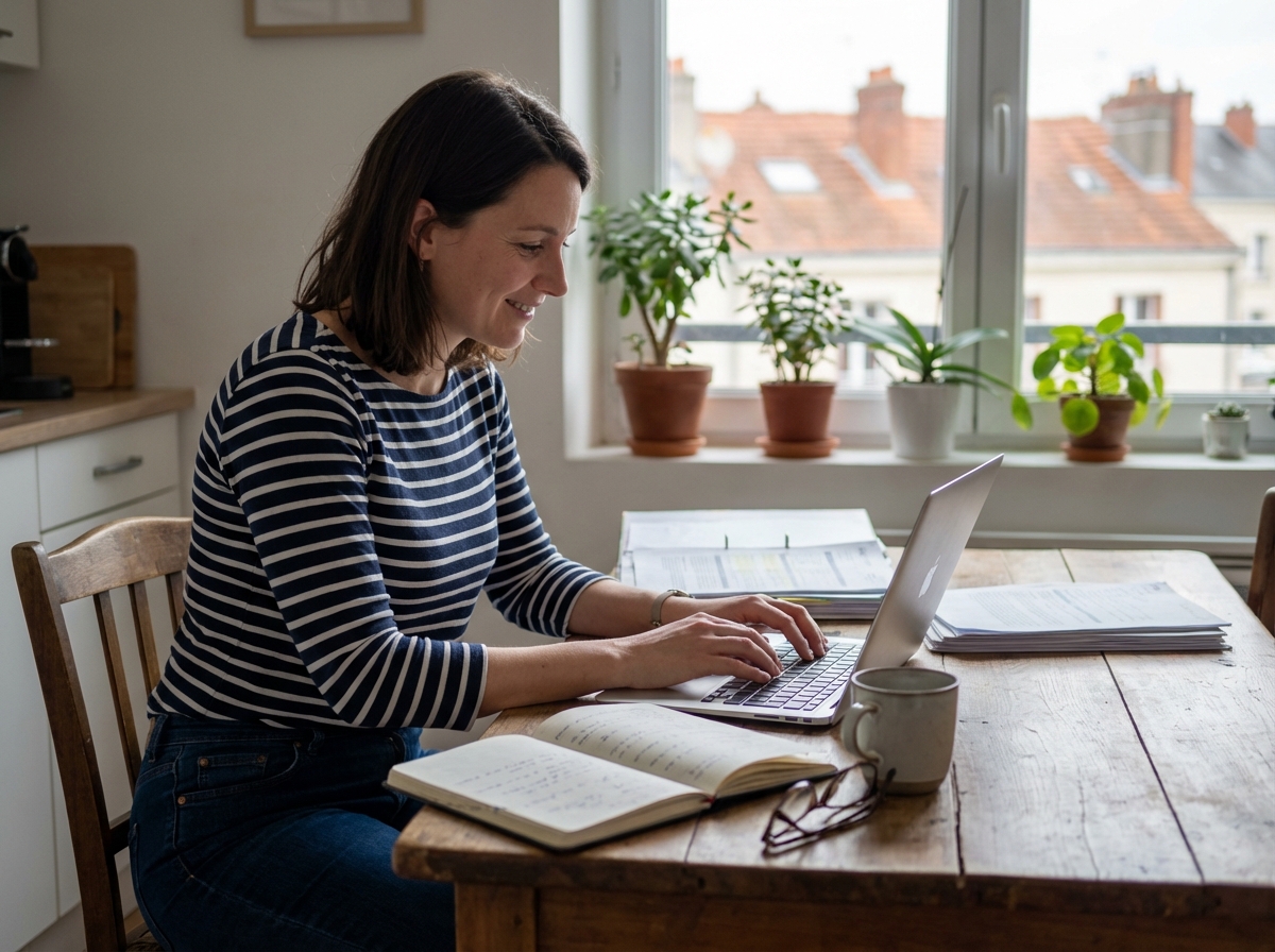 Femme assise à une table de cuisine à Nantes en travaillant