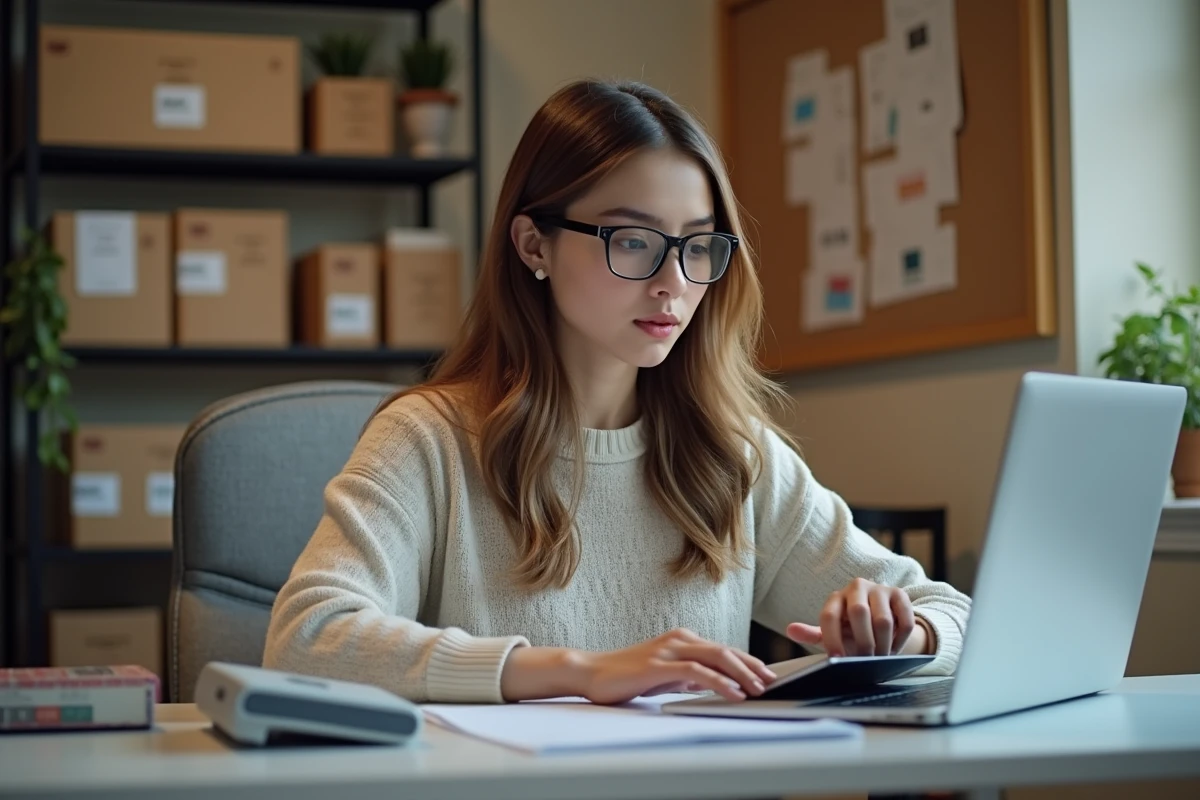 Jeune femme travaillant à domicile avec scanner postal