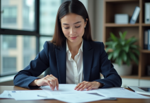 Femme en bureau triant des papiers officiels dans un espace moderne