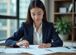 Femme en bureau triant des papiers officiels dans un espace moderne