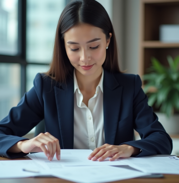 Femme en bureau triant des papiers officiels dans un espace moderne