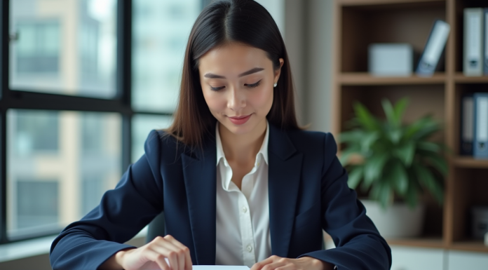 Documents pour demande de carte professionnelle : que fournir ? Femme en bureau triant des papiers officiels dans un espace moderne