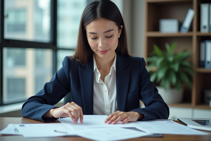 femme-tri-papiers-bureau Femme en bureau triant des papiers officiels dans un espace moderne
