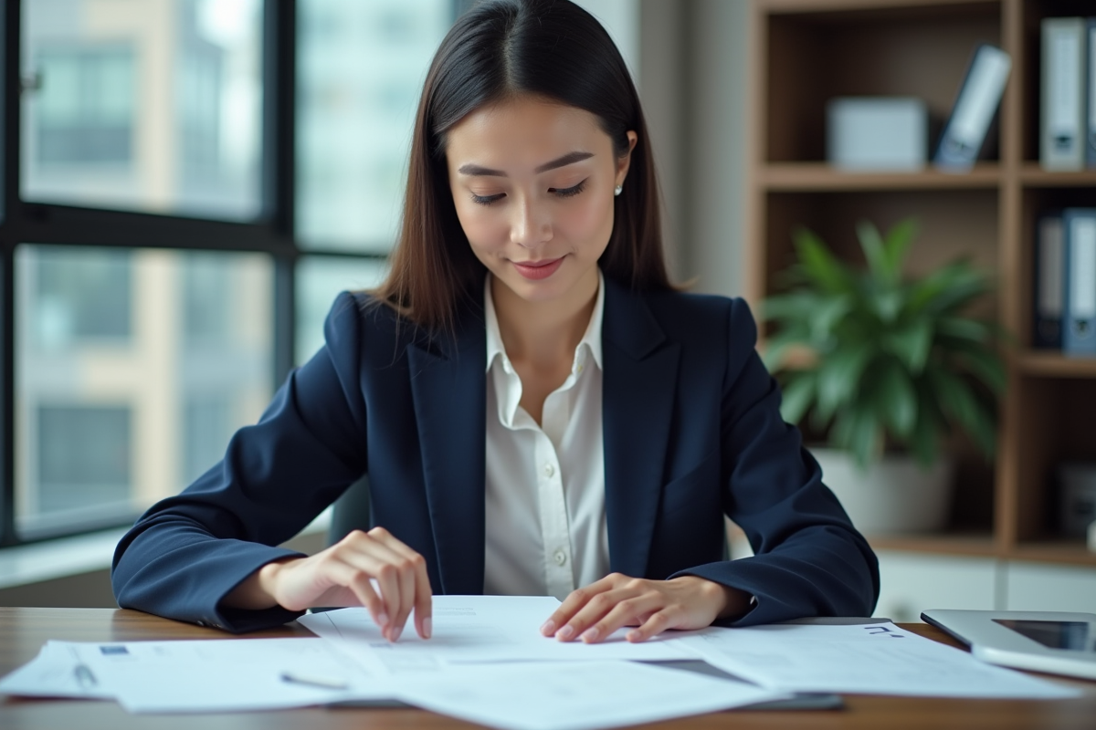 Femme en bureau triant des papiers officiels dans un espace moderne