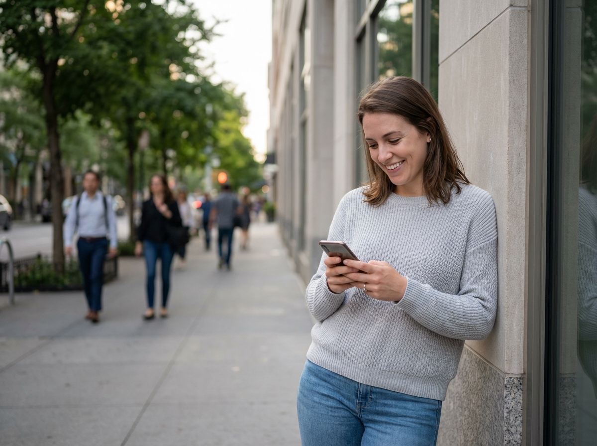 Femme décontractée vérifiant un message dans la rue urbaine