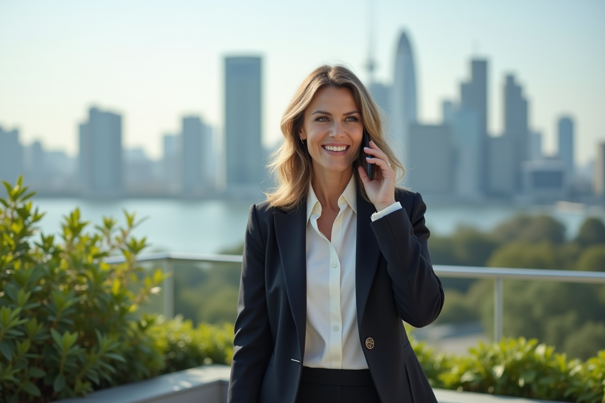 Femme confiante parlant au téléphone sur un toit avec vue urbaine