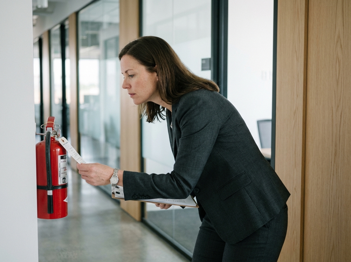 Femme professionnelle inspectant des extincteurs dans un bureau