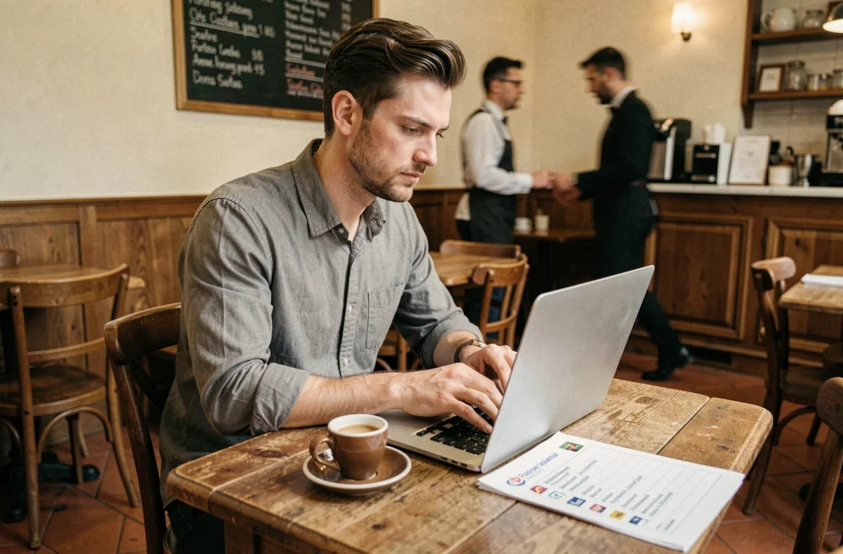 Freelance consultant comparant des sociétés de portage salarial depuis un café à Pau