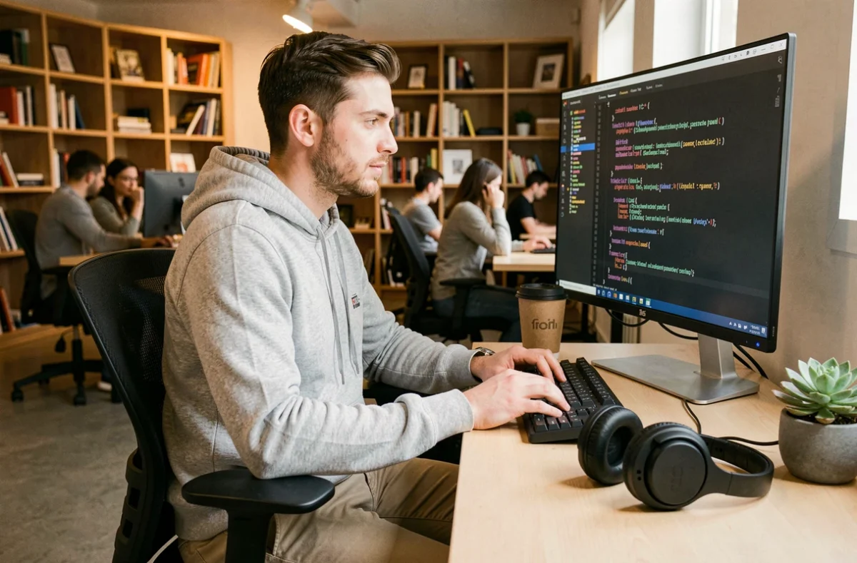 Développeur freelance concentré sur son code dans un espace de coworking à Pau