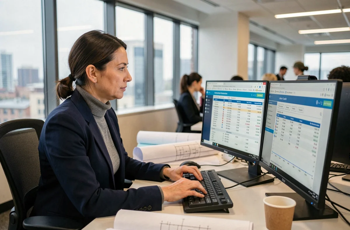 Responsable de gestion des coûts BTP travaillant sur un logiciel de suivi de main-d'œuvre dans un bureau de construction