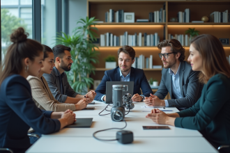 Groupe de travailleurs de bureau autour d une table avec interface robotique
