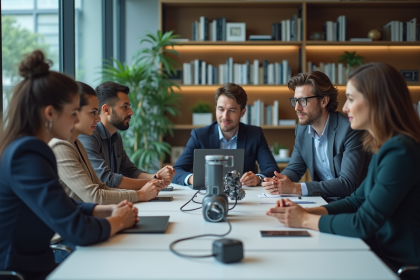 Groupe de travailleurs de bureau autour d une table avec interface robotique