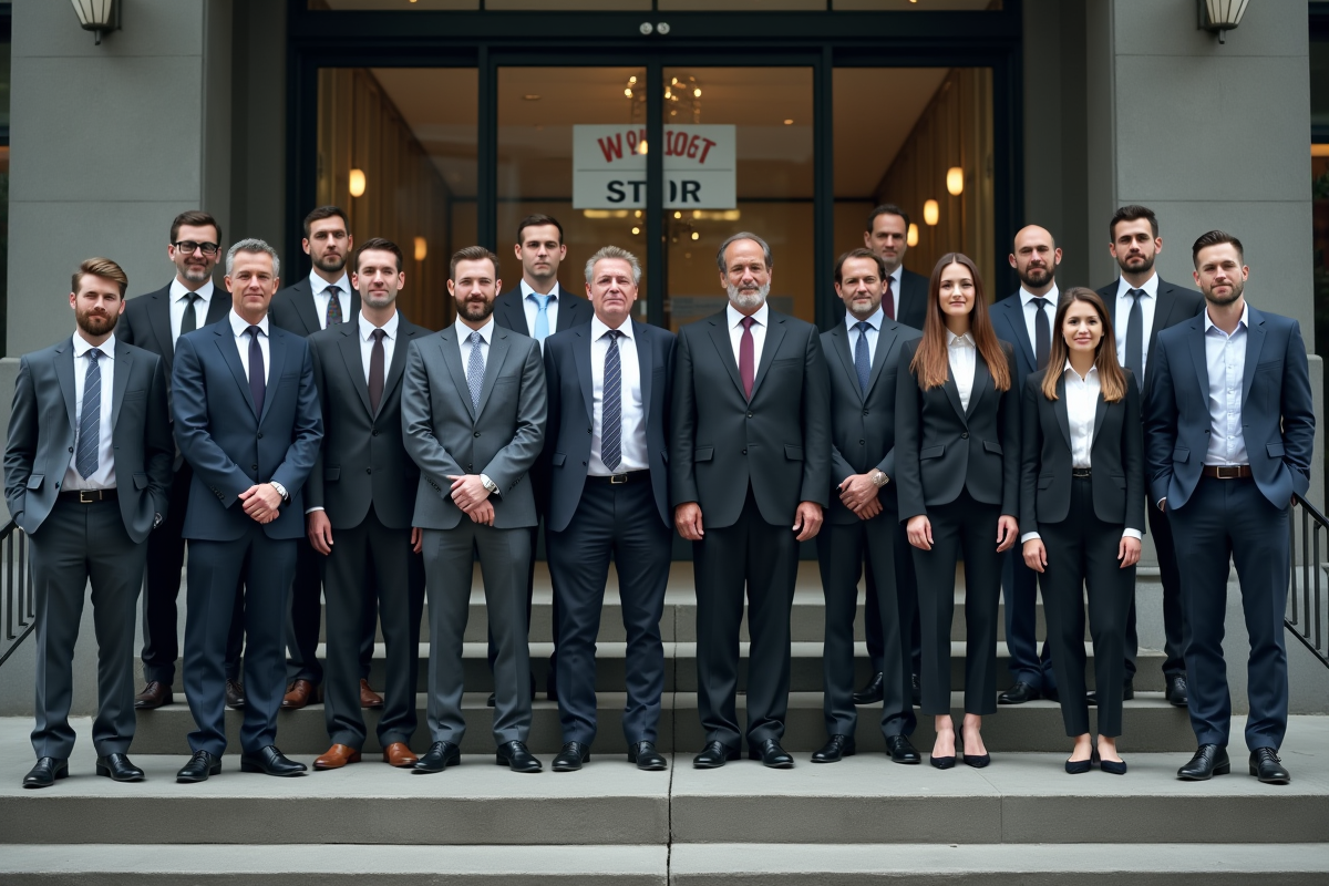 Groupe de professionnels devant un bâtiment fermé