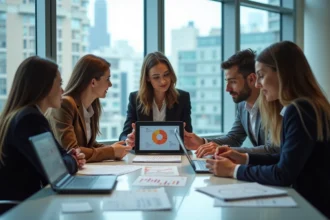 Groupe de professionnels en réunion dans un bureau moderne