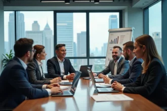 Groupe de professionnels en réunion dans un bureau moderne