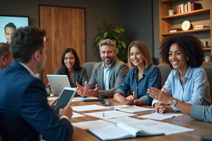Groupe de professionnels en réunion de campagne
