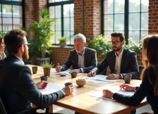 Principes de durabilité pour une entreprise responsable : 17 conseils pratiques Groupe de professionnels discutant d'écologie en bureau moderne