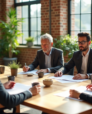Groupe de professionnels discutant d'écologie en bureau moderne
