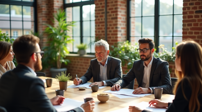 Groupe de professionnels discutant d'écologie en bureau moderne