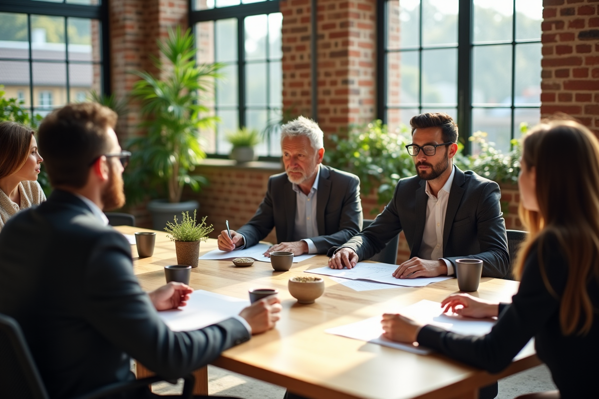 Groupe de professionnels discutant d'écologie en bureau moderne