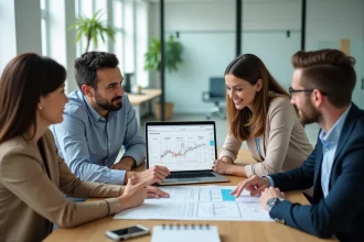 Groupe de professionnels discutant d'une stratégie en réunion