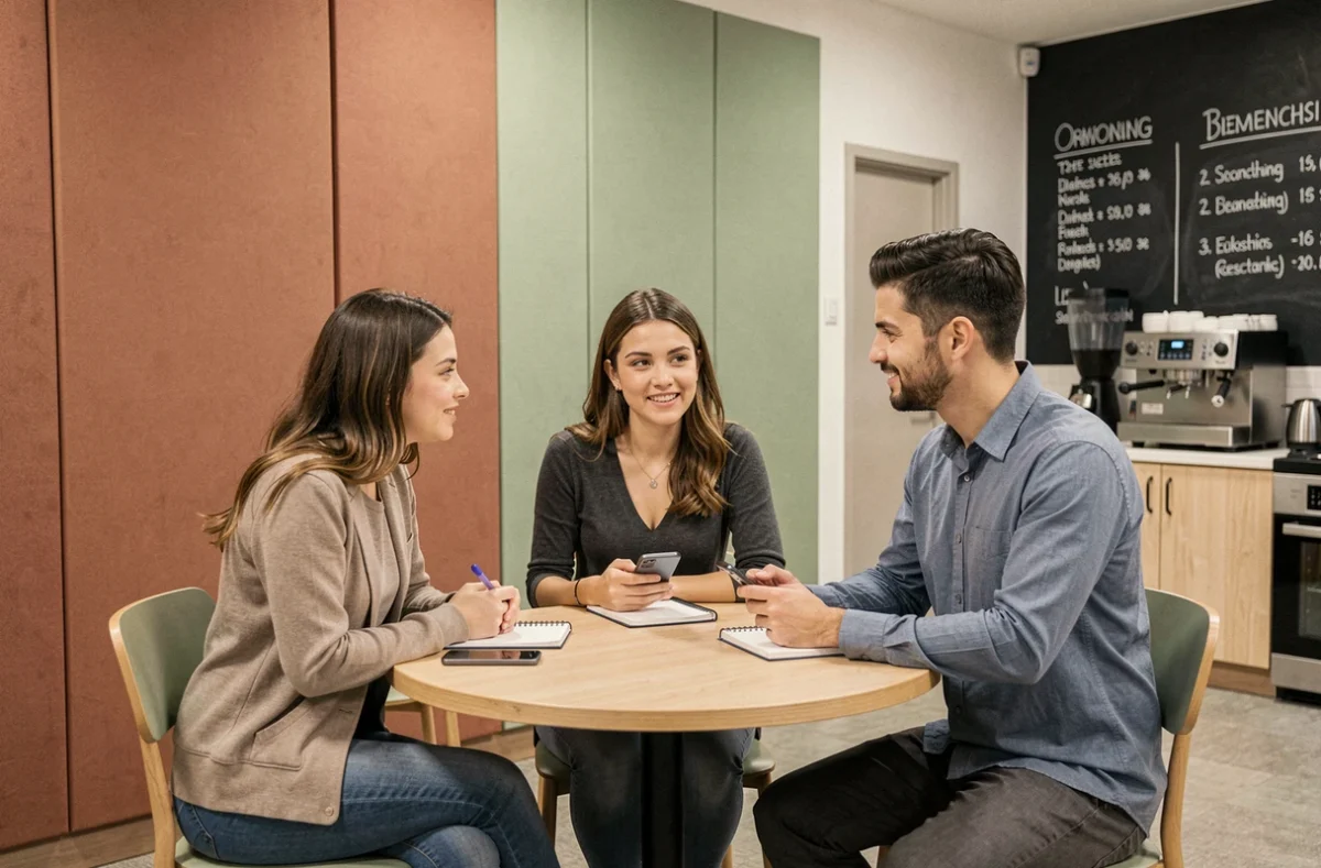Groupe de professionnels en réunion informelle dans un espace de coworking à Toulouse avec tableau des tarifs