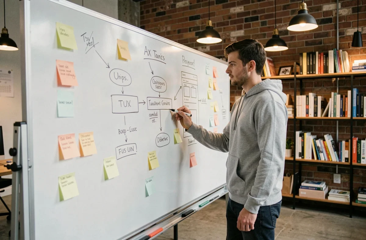 Designer UX de l'agence Hennbeka créant des wireframes sur un tableau blanc dans un espace de travail créatif