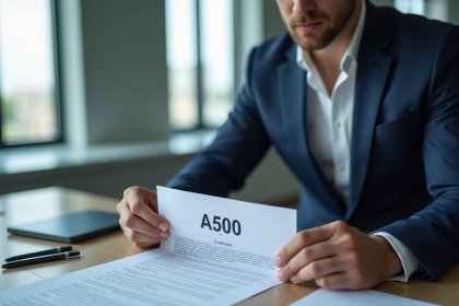 Homme d'affaires en costume bleu examinant un contrat A500